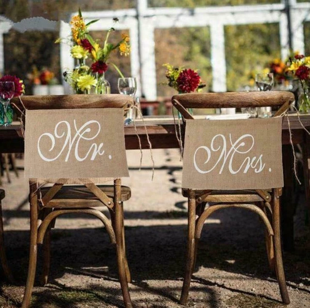 Mr & Mrs Chair Signs Rustic Burlap Chair Banner Hessian DIY Wedding Party Decor