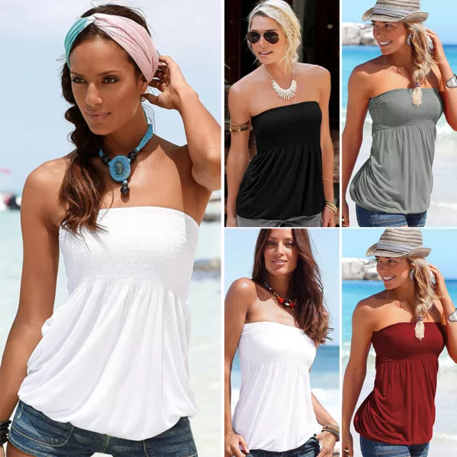 Womens Strapless Bandeau Boob Tube Tops Ladies Summer Ruched Tank Blouse T-Shirt