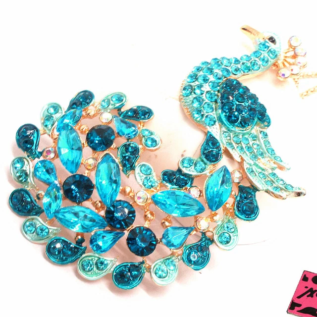 Hot Betsey Johnson Blue Crystal Peacock Bling Animal Pendant  Chain Necklace 2