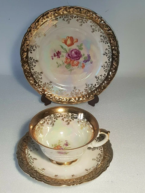 🌸service tasse a thé porcelaine et assiette dessert Bavaria 3 pièces  floral or