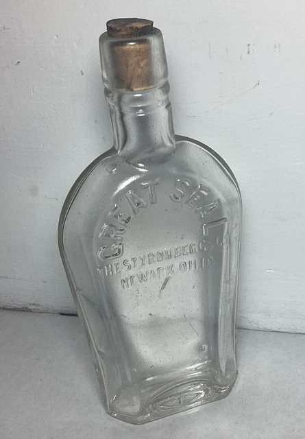 CORKED GREAT SEAL POCKET FLASK BOTTLE  STYRON BEGGS CO, NEWARK OHIO EARLY 1900’s