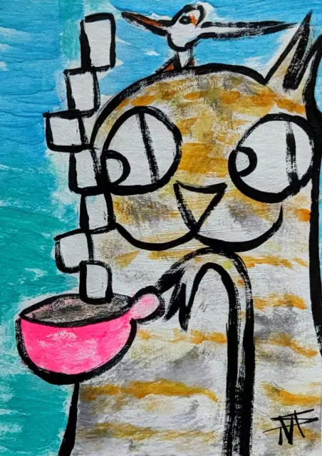 Aceo Cat Abstract Painting Collectible Original Beach Art Signed Samantha McLean