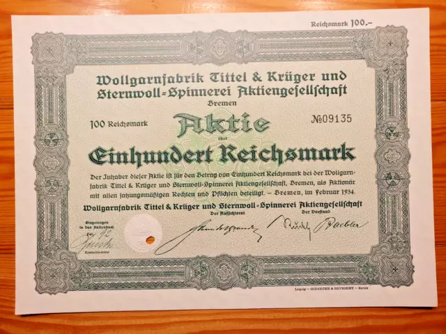 D: Wollgarnfabrik Tittel & Krüger u. Sternwoll-Spinnerei, Bremen, 1934, 100 RM