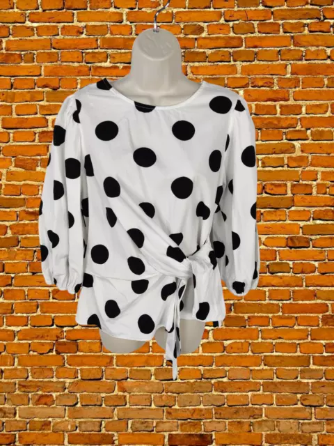 Womens Dorothy Perkins Size Uk 12 M White Black Spot Tie Wrap Shirt Blouse Top