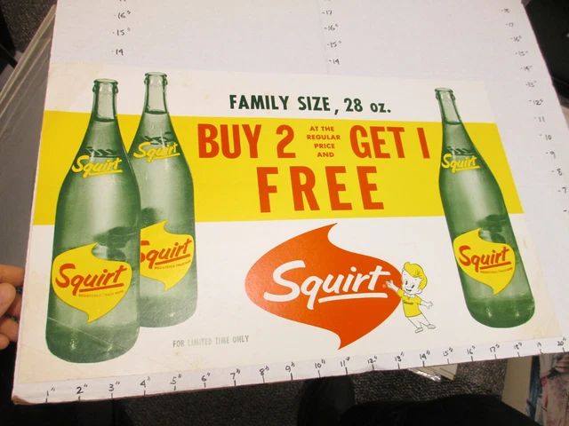 SQUIRT soda 1960s store display sign poster 2,1 free 28oz bottle FAMILY SIZE #1