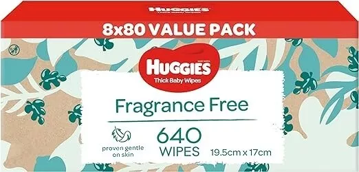 Huggies Thick Baby Wipes Fragrance Free 640 Pack (8 x 80 Pack)  free shipping-AU