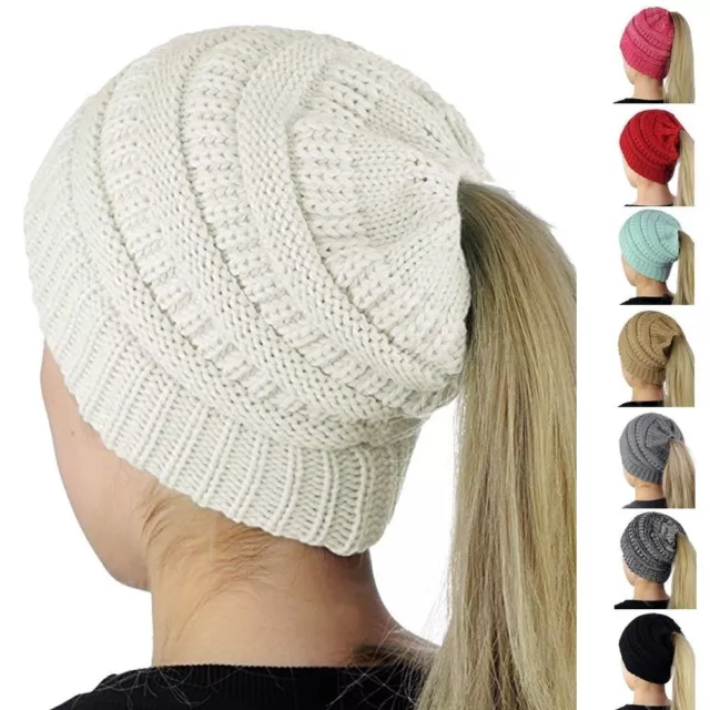 Ladies Ponytail Beanie Hat High Bun Hole Knitted Cap Winter Crochet Knit Cap 2