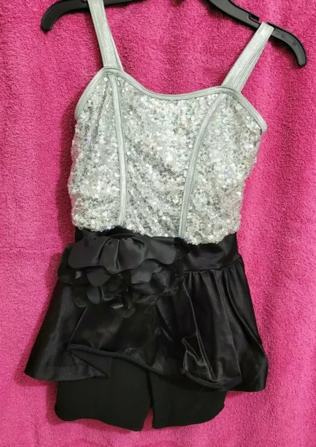 Weissman Costume Dance Skate Recital LC Child 14 black silver shimmering sequins