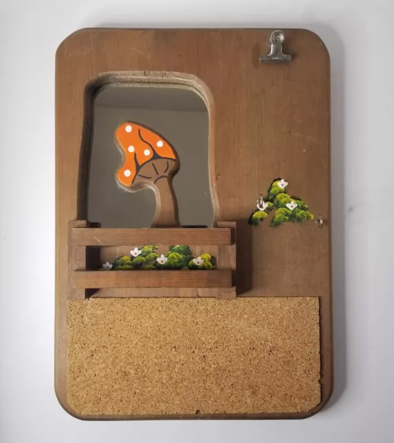 VTG Wood Cork Memo Board Mushroom Mirror Hand Painted Flowers Key Hooks 15.5 in