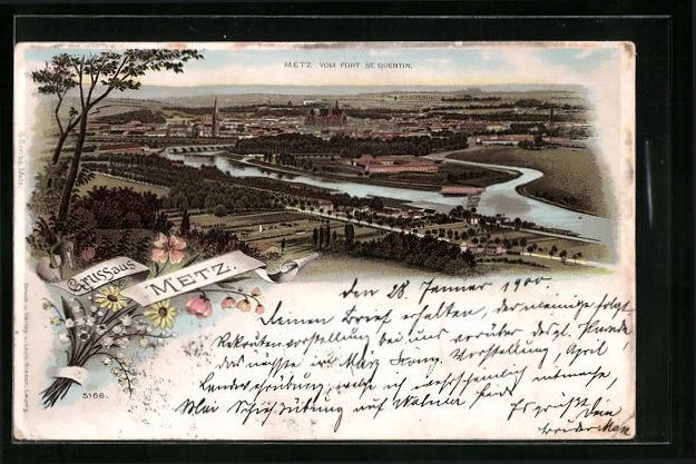 CPA Metz, vue générale vom Fort St- Quentin, salutations fleuries