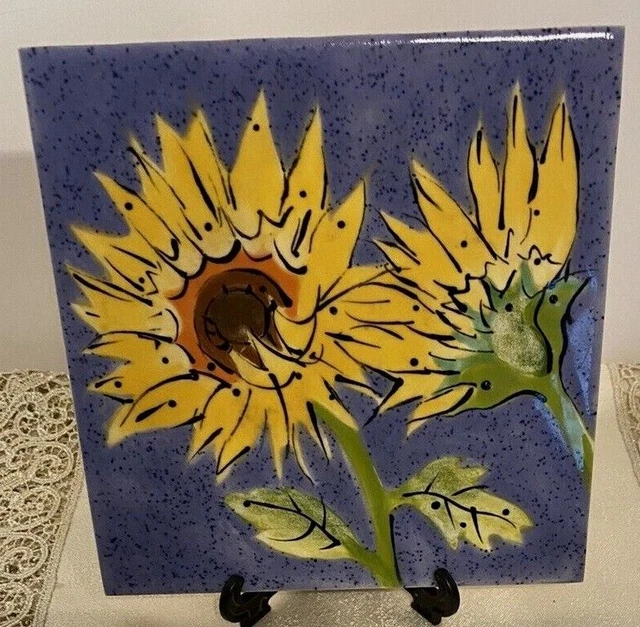 Decorative Sunflower Tile/Trivet 6" x 6" with Cork Backing Hand Painted Vibrant