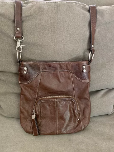 B Makowsky Women's Handbag Purse Brown Pebbled Leather Crossbody Front Zip Org.
