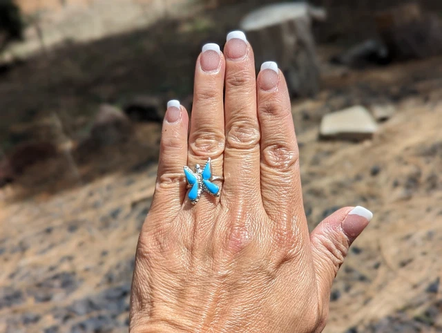 Native American Ring Butterfly Turquoise Stone Zuni Sterling Silver Sz 7.75US