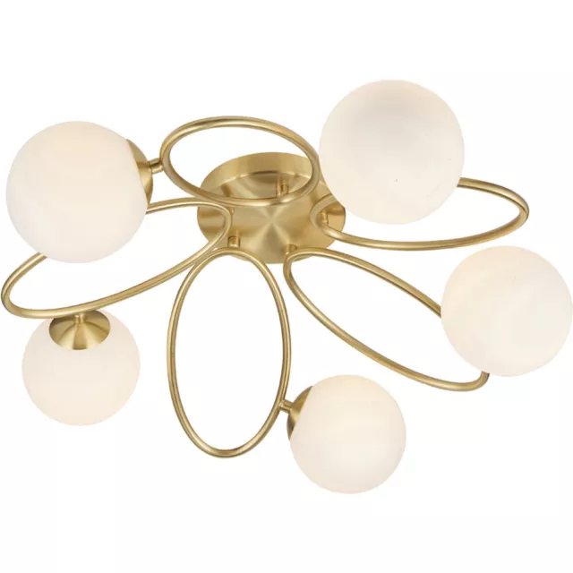 Semi Flush Multi Arm Ceiling 3 Light Fitting - Satin Brass & Opal Glass Shades