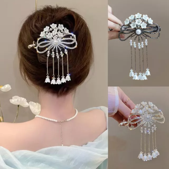 1Pcs Rhinestone Pearl Tassel Hair Claw Hollow Out Bowknot Twisted Ponytail Clip