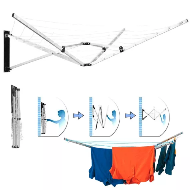 5 Arm 26M Folding Wall Mounted Clothes Airer Dryer Washing Line Outdoor Garden