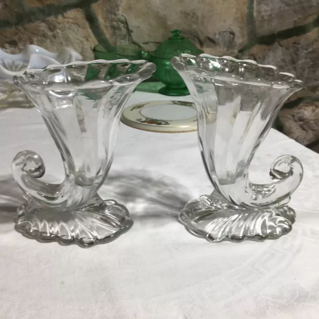 Pair of Heisey Cornucopia Warwick Clear Vase 5.5"