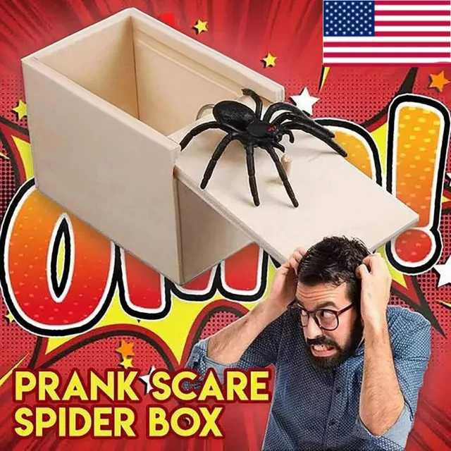 USA_Wood Prank Spider Scare Box Hidden in Case Trick Play Joke Scarebox Gag Toy