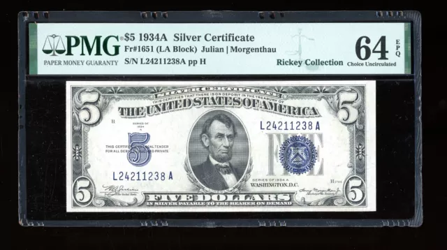 DBR 1934-A $5 Silver Fr. 1651 LA Block PMG 64 EPQ Serial L24211238A