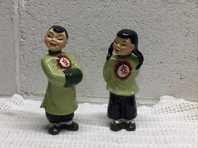 Set 2 Ceramic Arts Studio Chinese/Japanese Boy/Girl Figurines Green Red statue