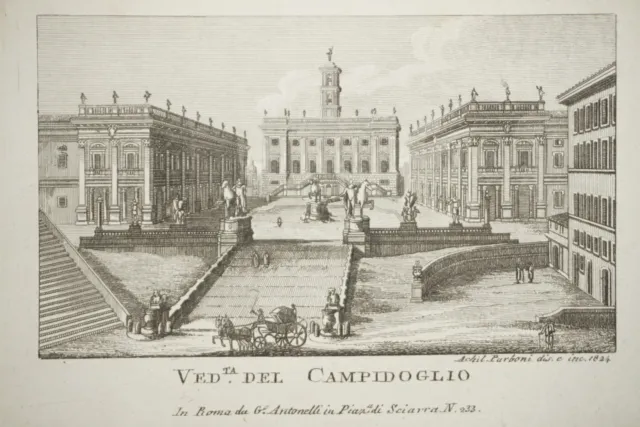 Gravure Miniature Paysage Architecture Place Du Capitole Rome Italie 1830