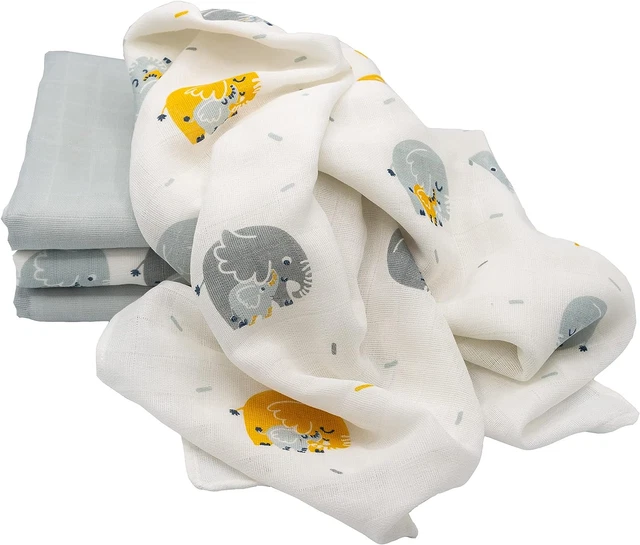 Clevere Kids - Set Di 4 Panni in Garza per Bambini, Motivo: Elefante Con Bambino