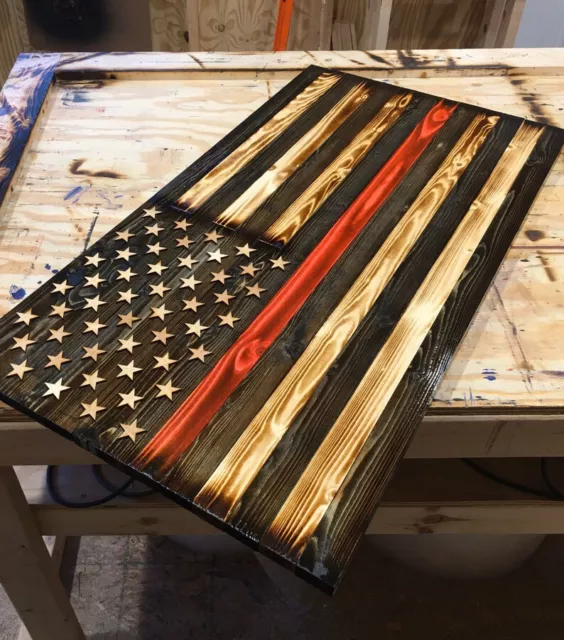 Thin Red Line American Solid Wood Flag. Firefighter flag. First responders gift.