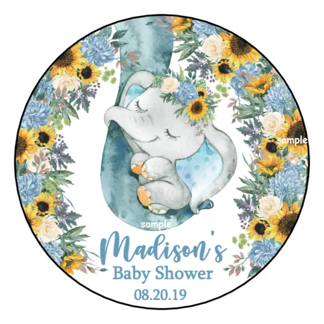 12 Blue Boy Baby Elephant & Mommy Baby Shower Stickers Favors Labels Sunflowers