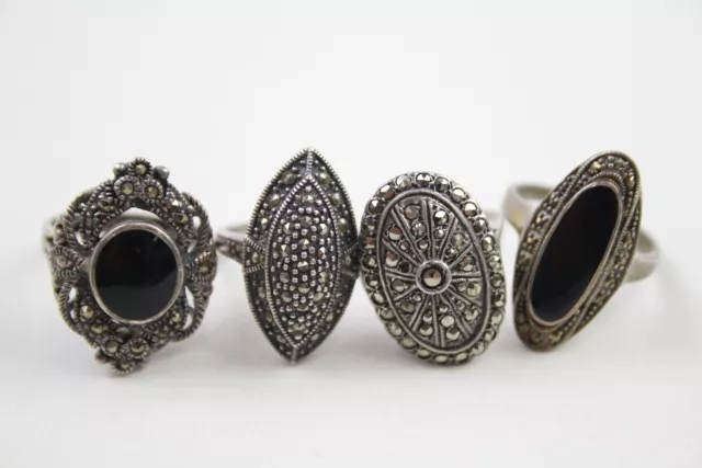 Sterling Silver Rings Vintage Onyx Marcasite Deco Inspired Cocktail x 4 (18g)