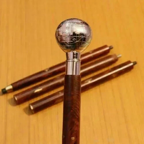 Canne De Marche Victorienne En Bois Et Laiton - Poignée Globe Nautique, Pliable