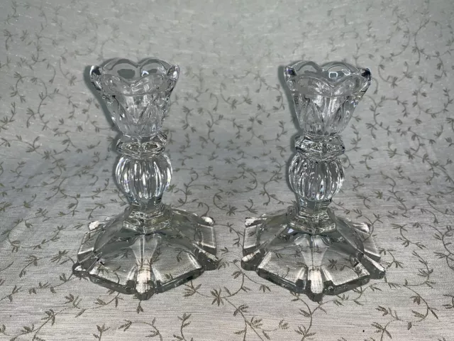 5" Crystal Candlesticks Candle Holders Set of 2 Hexagonal Foot Ribbed Ball Stem