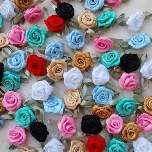 Satin Rose Flower Appliques Fabric Rosettes Applique Sewing Supplies 100pcs Set