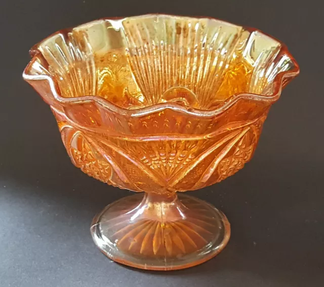 Carnival orange iridescent glass vintage Art Deco antique footed bowl dish B