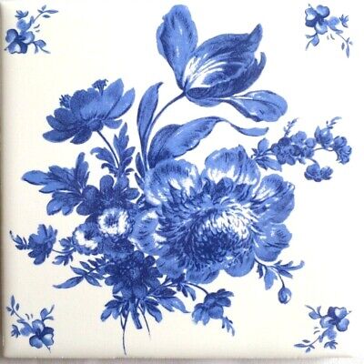 3 Vintage Design Blue Delft Rose Design Ceramic Tile 4.25" x 4.25" Kiln Fired
