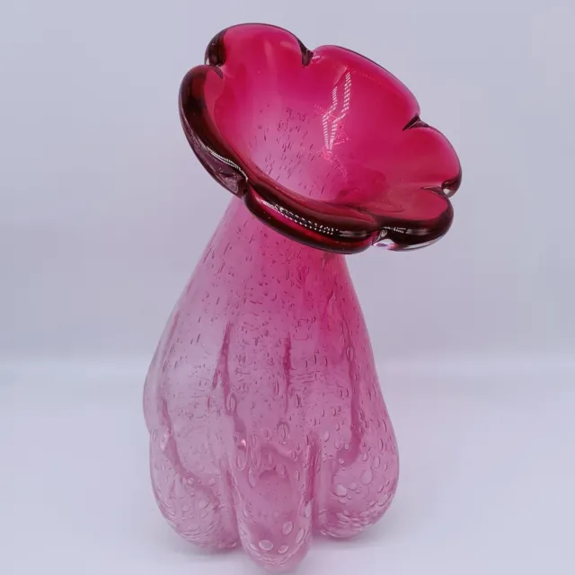 Vintage Art Glass Hand Blown Bullicante Pink Flower Top Two Tone Vase 11”T 5.5”W 3