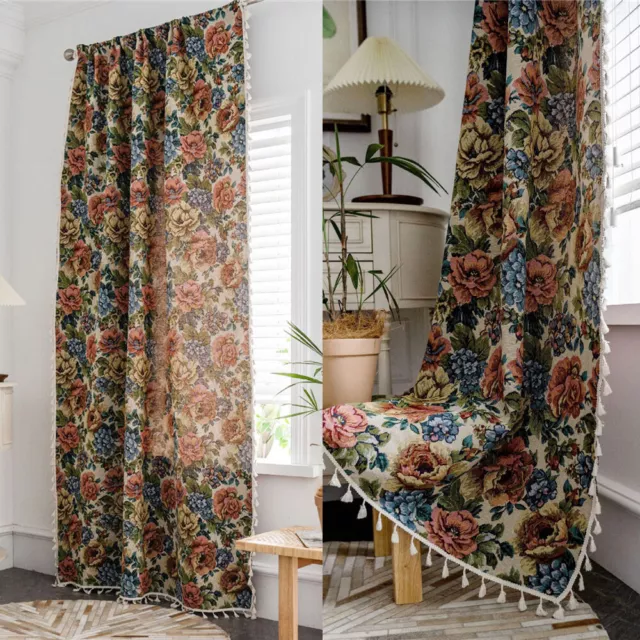 Vintage Floral Print Curtain for Living Room Boho Tassel Window Drape Curtain