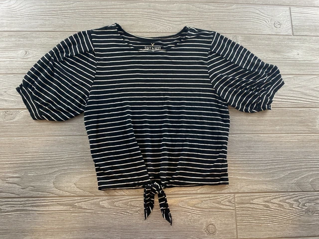 American Eagle Soft & Sexy T Black White Striped Bubble Sleeve Knotted Front Med