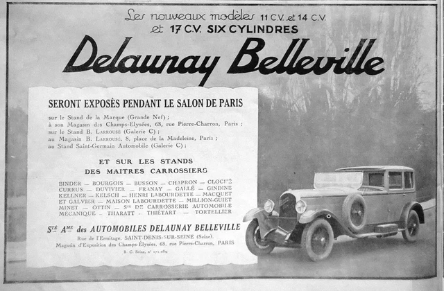 Publicité Presse 1928 Delaunay Belleville Modèles 11 14 Et 17 Cv Six Cylindres