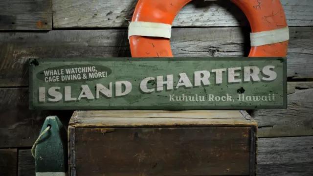 Island Charters, Custom Beach Location - Rustic Distressed Wood Sign