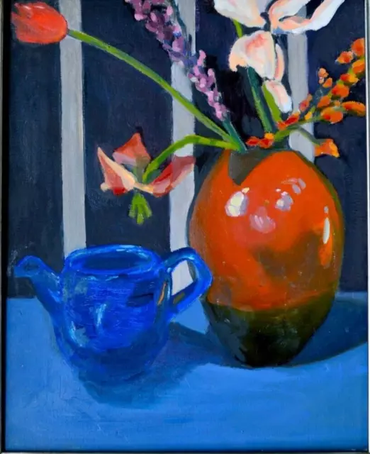 Still Life  with Flowers in Red with Blue Watering Jug Original Oil Painting