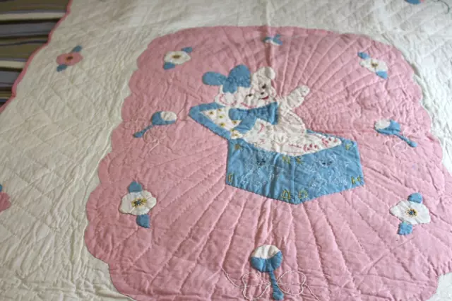 Vintage Cotton Hand Stitched Crib Quilt Teddy Bear & Flowers Applique 38x56