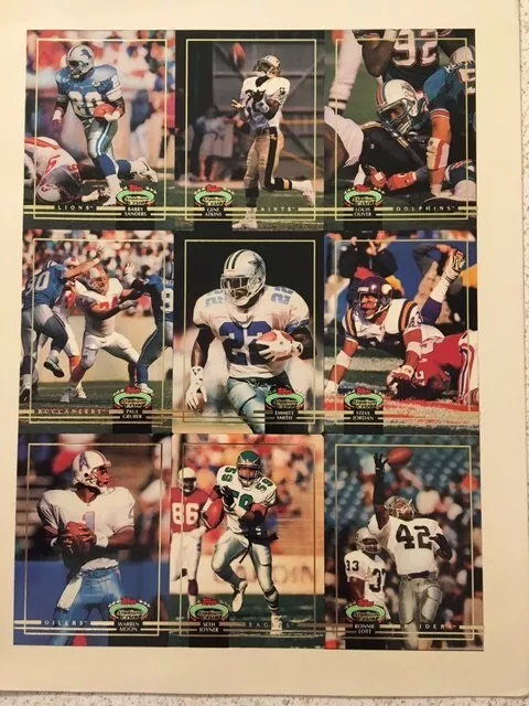 1992 Topps Stadium Club Pre-Production Promo Football Uncut Sheet Smith Sanders