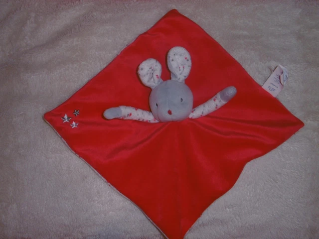 Doudou Plat Obaibi Okaidi Lapin Souris Rouge et Gris Etoile Etat NEUF