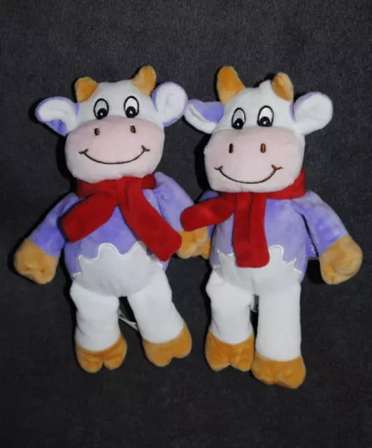 Lot 2 Doudou Peluche Vache MILKA Mauve Blanc Echarpe Rouge 24 Cm Etat NEUF