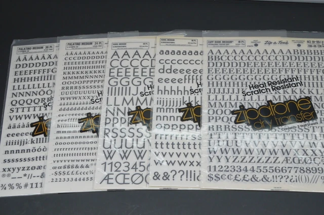 Lote de 5 paquetes de cartas de transferencia seca zipatone varios tamaños Zapf/kabel/Palatino Med