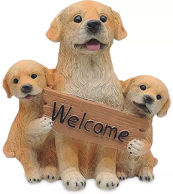 Garden Dog Welcome Statue Hand-Painted Golden Retriever Figurine Three Puppies f