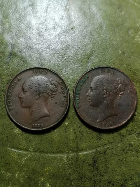 1858, 1859 Queen Victoria Pair Of ONE Penny Coins Circulated Some Virdigris