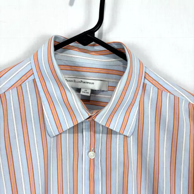 Perry Ellis Portfolio Men's Size 17 Shirt Blue Halo Stripe Button Up Long Sleeve 2