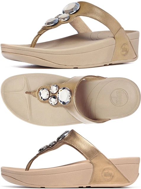 FitFlop Lunetta Style 181-266 Metallic Gold Jeweled Sandals Thongs, Size 7