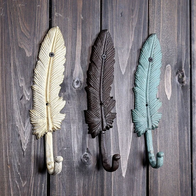 Vintage Cast Iron Feather Hooks Ornaments Retro Iron Wall Hanging Coat Hook Home